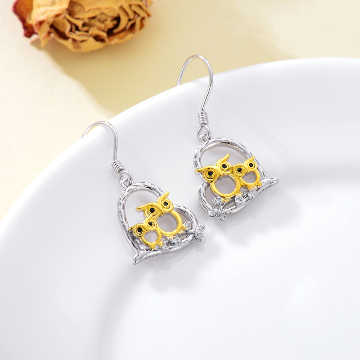 Pendants d'oreilles en argent sterling bicolores avec hibou et cœur-4