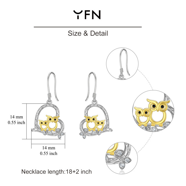 Brincos de prata esterlina com dois tons de coruja e coração-5