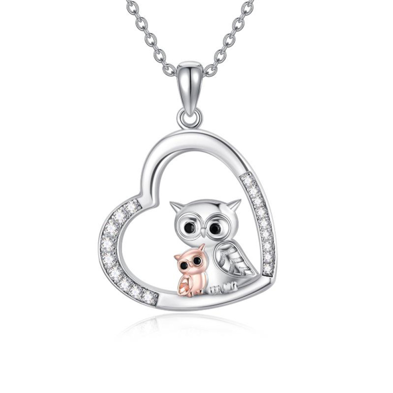 Sterling Silver Two-tone Cubic Zirconia Owl & Heart Pendant Necklace-2