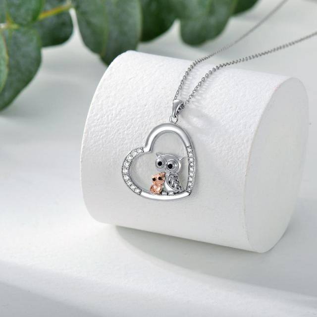 Sterling Silver Two-tone Cubic Zirconia Owl & Heart Pendant Necklace-3