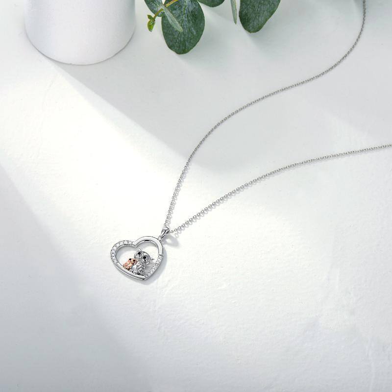 Sterling Silver Two-tone Cubic Zirconia Owl & Heart Pendant Necklace-4