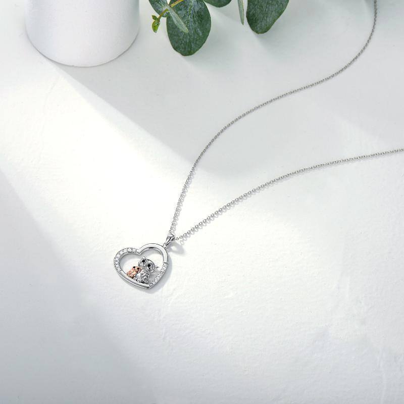 Sterling zilveren tweekleurige Cubic Zirconia uil & hart hanger ketting-4