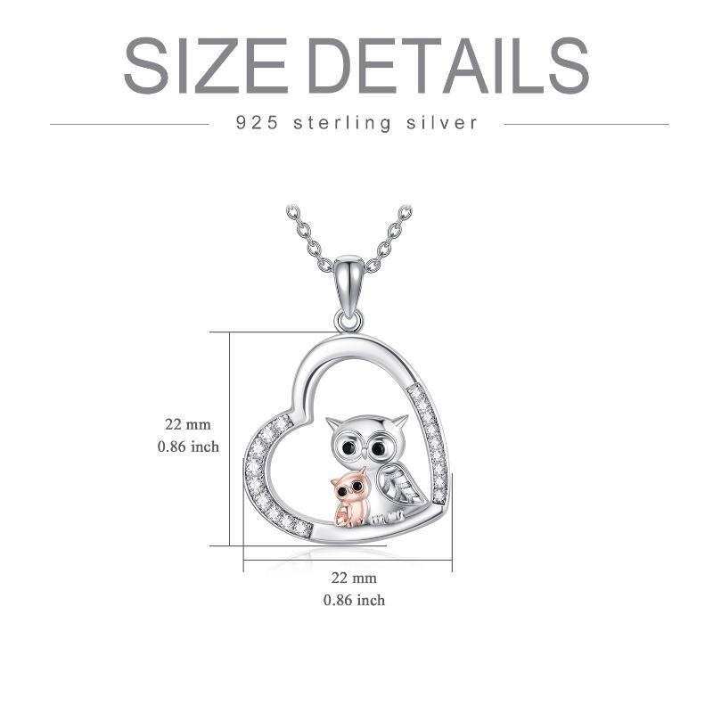 Sterling Silver Two-tone Cubic Zirconia Owl & Heart Pendant Necklace-5