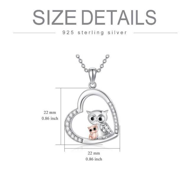 Sterling Silver Two-tone Cubic Zirconia Owl & Heart Pendant Necklace-5