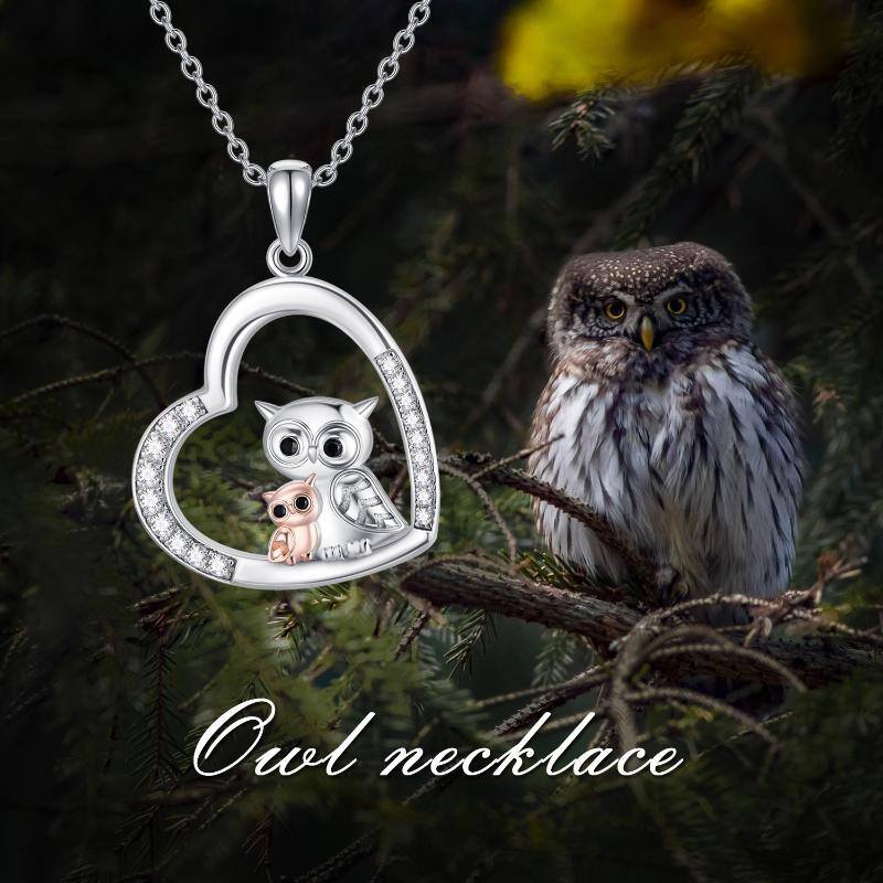 Collier en argent sterling avec pendentif hibou et cœur en zircon cubique bicolore-6