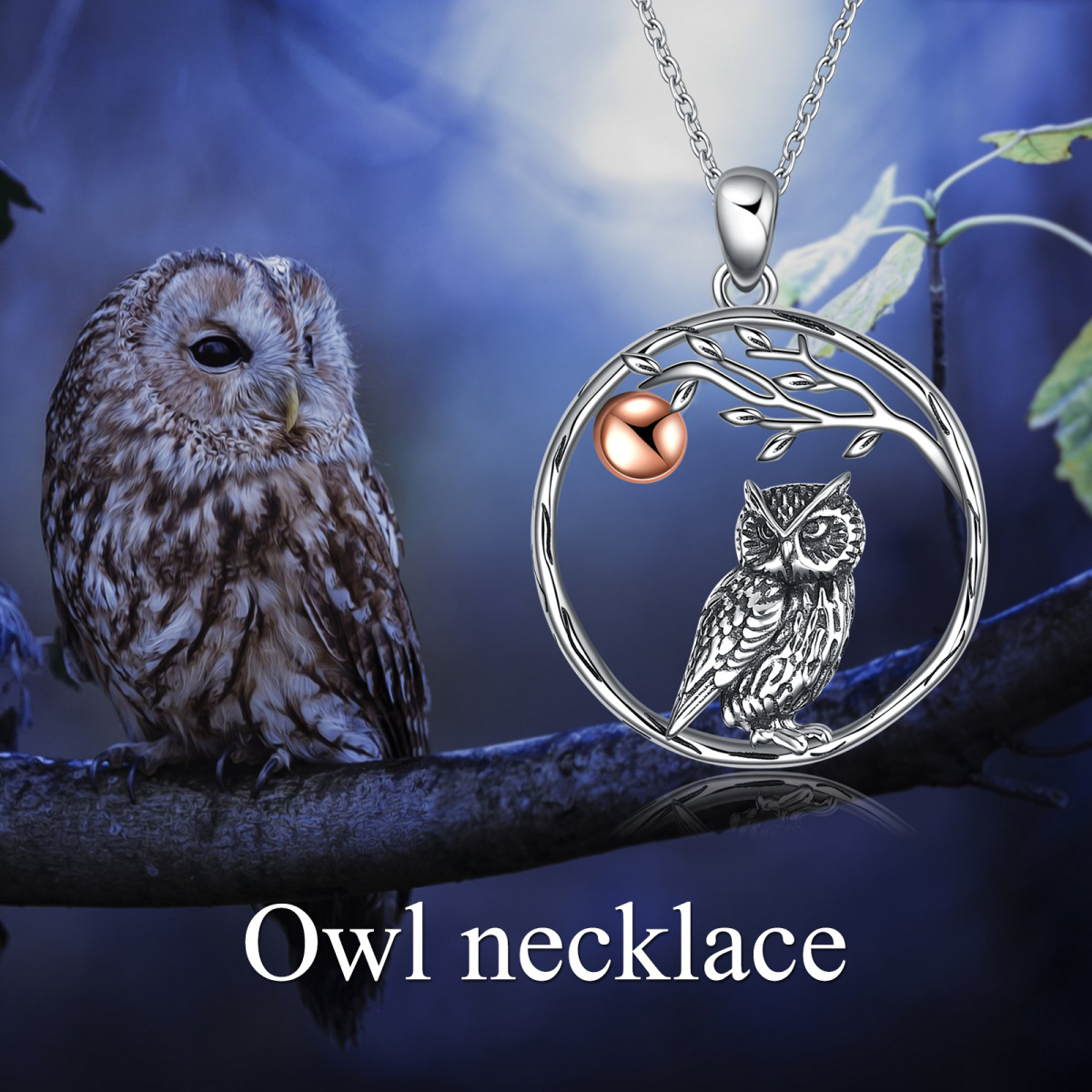 Sterling Silver Two-tone Owl Pendant Necklace-4