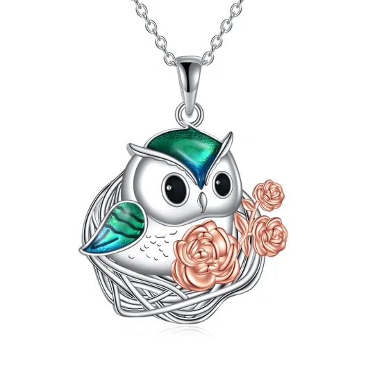 Collier en argent sterling avec pendentif hibou et rose bicolore