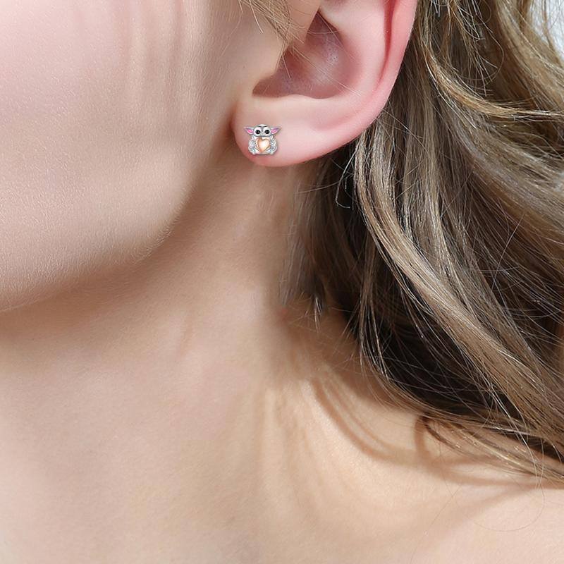 Boucles d'oreilles hibou en argent sterling bicolore-2