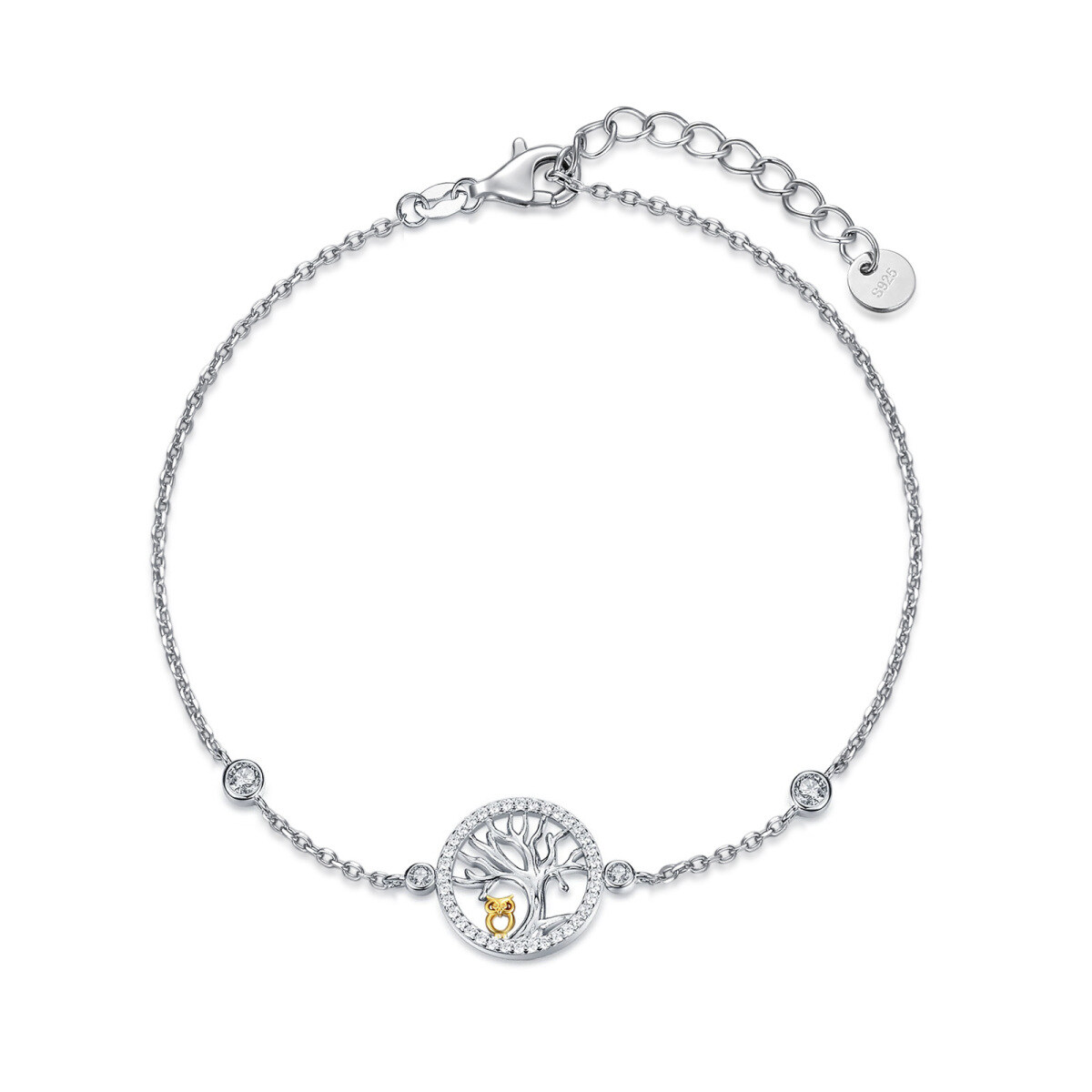 Pulsera con colgante de árbol de la vida con forma de búho y circonita cúbica en dos tonos de plata de ley-1