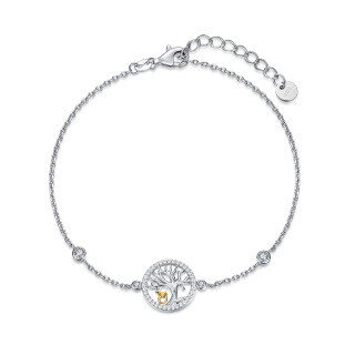 Sterling Silver Two-tone Cubic Zirconia Owl & Tree Of Life Pendant Bracelet-5