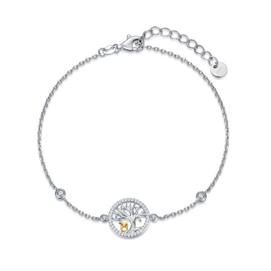 Sterling Silver Two-tone Cubic Zirconia Owl & Tree Of Life Pendant Bracelet