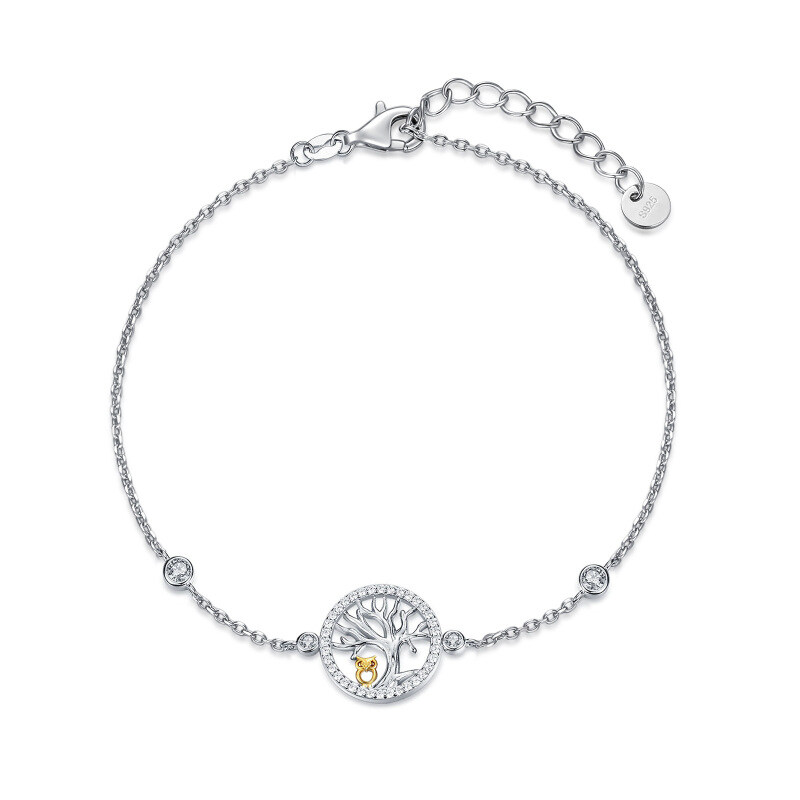 Sterling Silver Two-tone Cubic Zirconia Owl & Tree Of Life Charm Bracelet-1