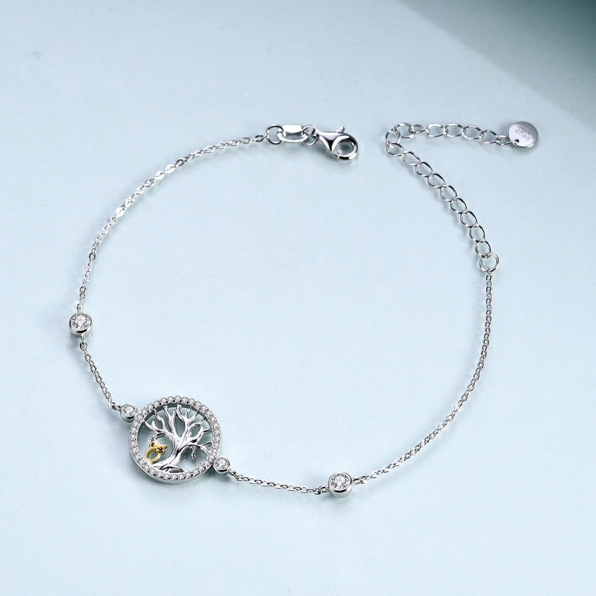 Pulsera con colgante de árbol de la vida con forma de búho y circonita cúbica en dos tonos de plata de ley-2