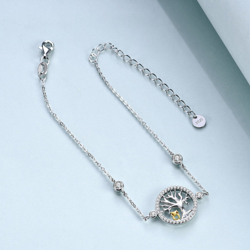 Sterling Silver Two-tone Cubic Zirconia Owl & Tree Of Life Charm Bracelet-3