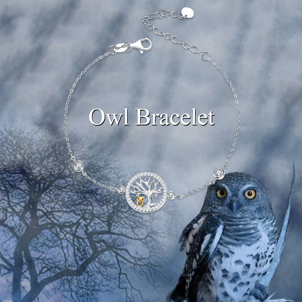 Sterling Silver Two-tone Cubic Zirconia Owl & Tree Of Life Charm Bracelet-4