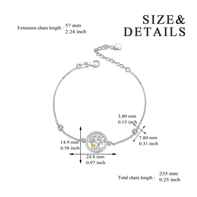Sterling Silver Two-tone Cubic Zirconia Owl & Tree Of Life Charm Bracelet-5
