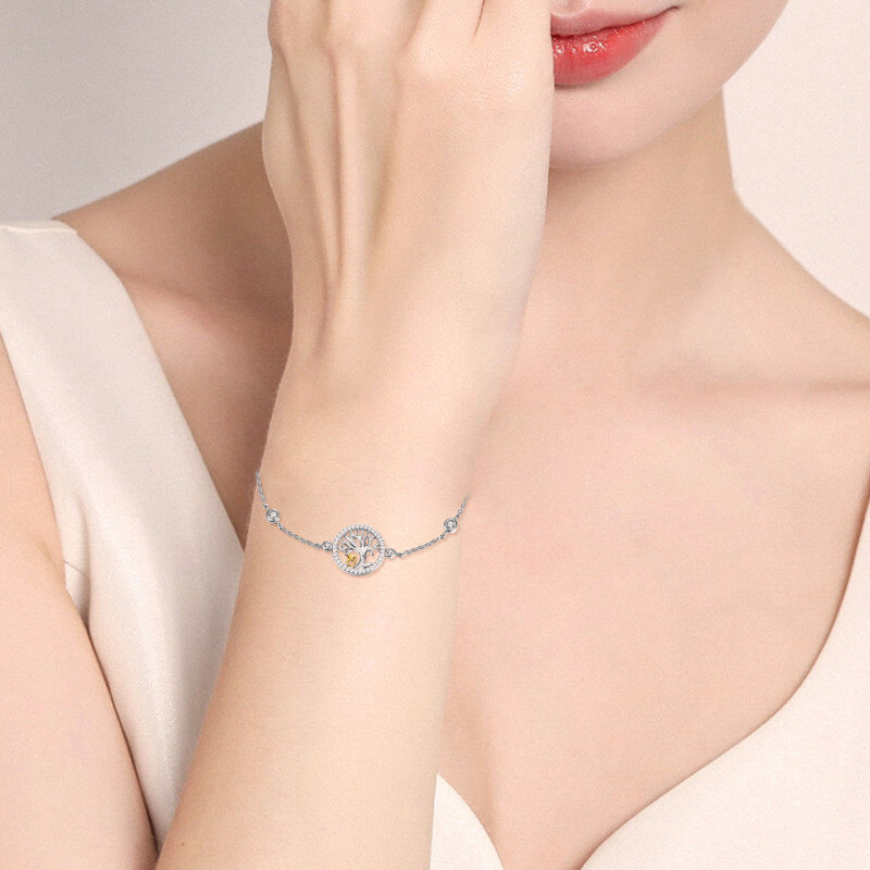 Sterling Silver Two-tone Cubic Zirconia Owl & Tree Of Life Charm Bracelet-6