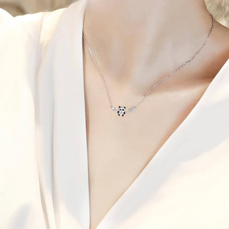 Sterling Silver Two-tone Panda & Arrow Pendant Necklace-3