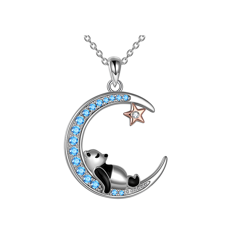 Sterling Silver Two-Tone Cubic Zirconia Panda Moon Star Pendant Necklace For Women-1