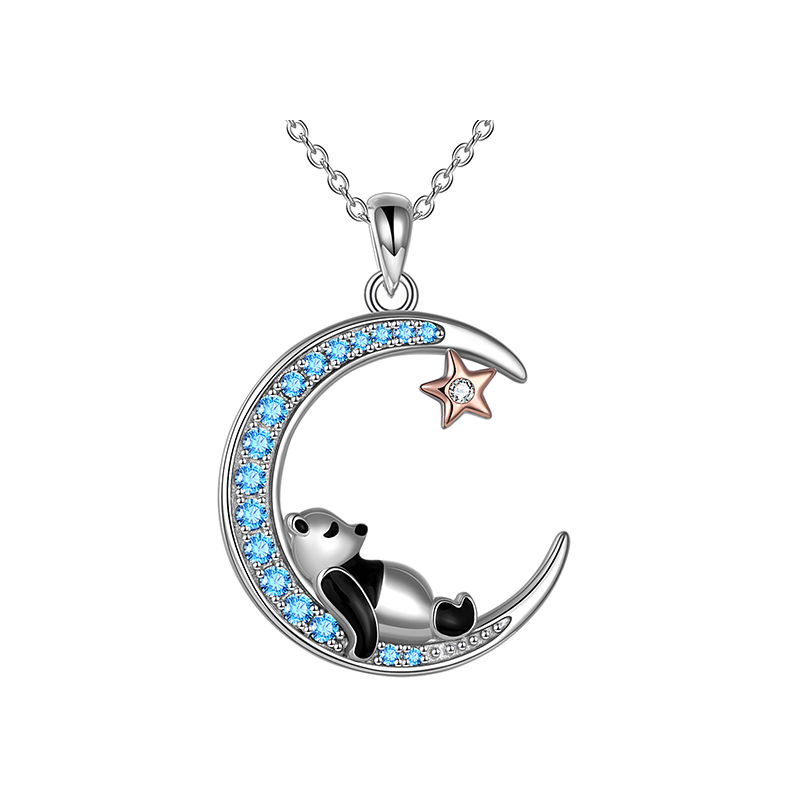 Collar con colgante de plata de ley con circonita cúbica de dos tonos, diseño de panda, luna y estrella para mujer-1