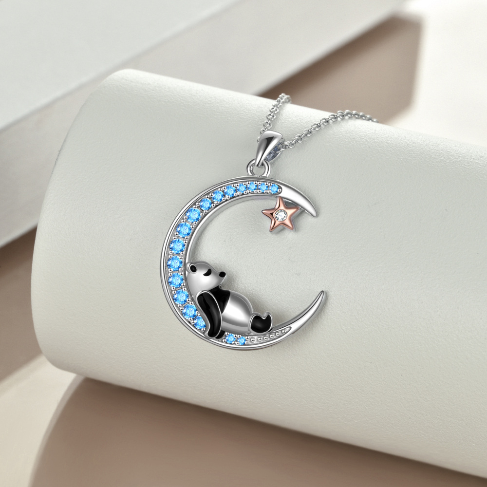 Sterling Silver Two-Tone Cubic Zirconia Panda Moon Star Pendant Necklace For Women-3