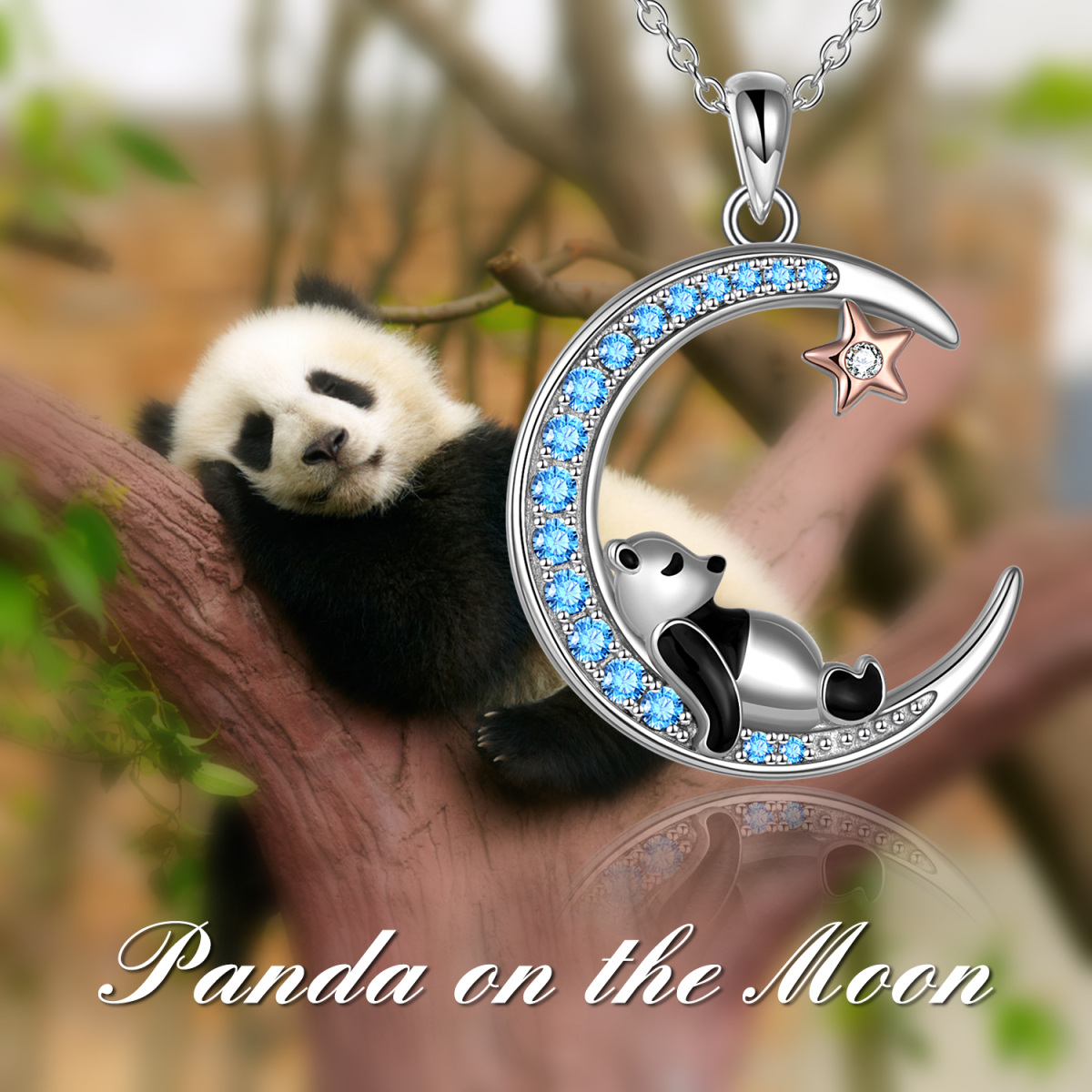 Collar con colgante de plata de ley con circonita cúbica de dos tonos, diseño de panda, luna y estrella para mujer-5