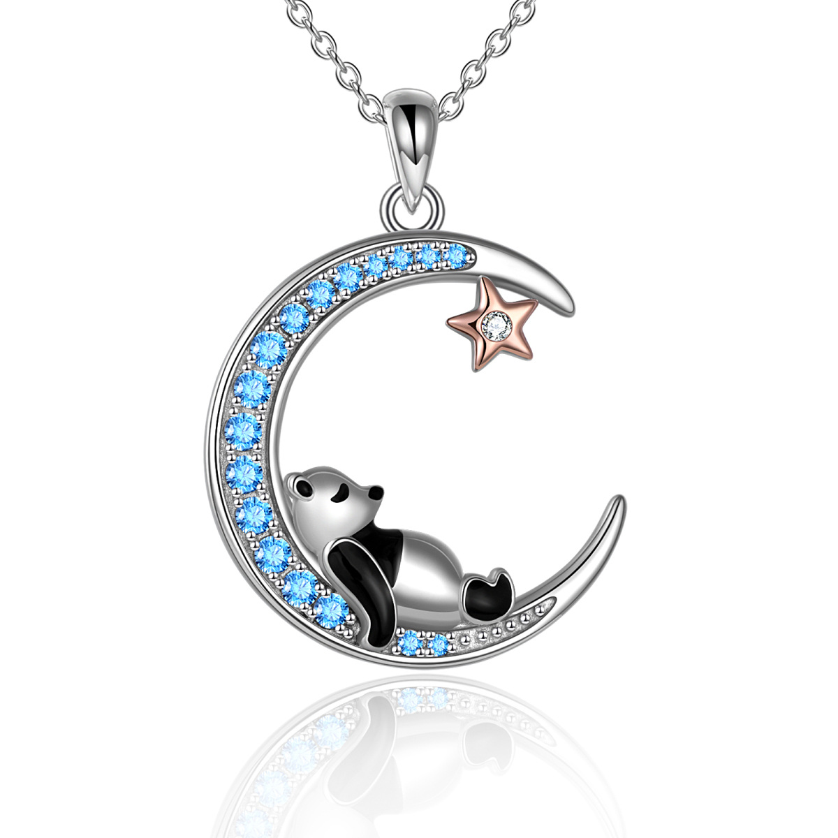 Collar con colgante de plata de ley con circonita cúbica de dos tonos, diseño de panda, luna y estrella para mujer-6