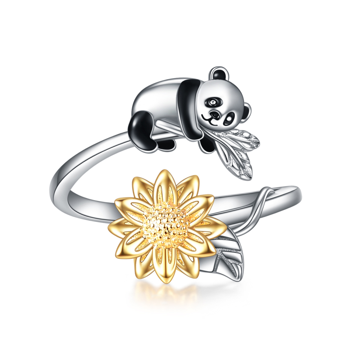 Bague ouverte panda bicolore en argent sterling-1