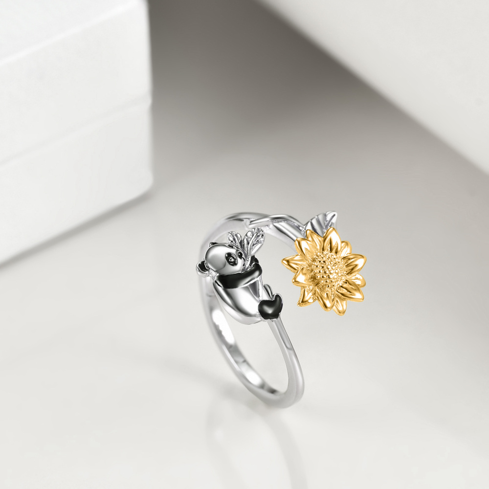 Sterling Silver Two-tone Panda Open Ring-5