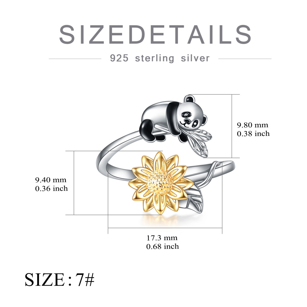 Bague ouverte panda bicolore en argent sterling-6