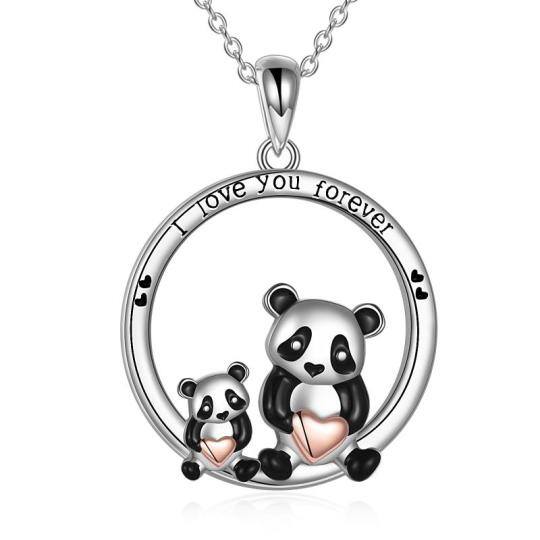 Sterling Silver Two-tone Panda Pendant Necklace with Engraved Word