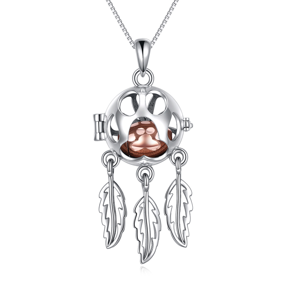 Sterling Silver Two-tone Paw & Dream Catcher Urn Necklace for Ashes-1