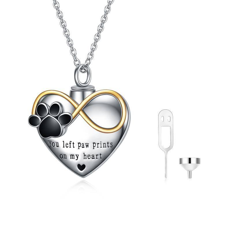 Sterling Silver Two-Tone Paw With Infinity Symbol Heart Urn Necklace For Ashes With Engraved Word For Women-1