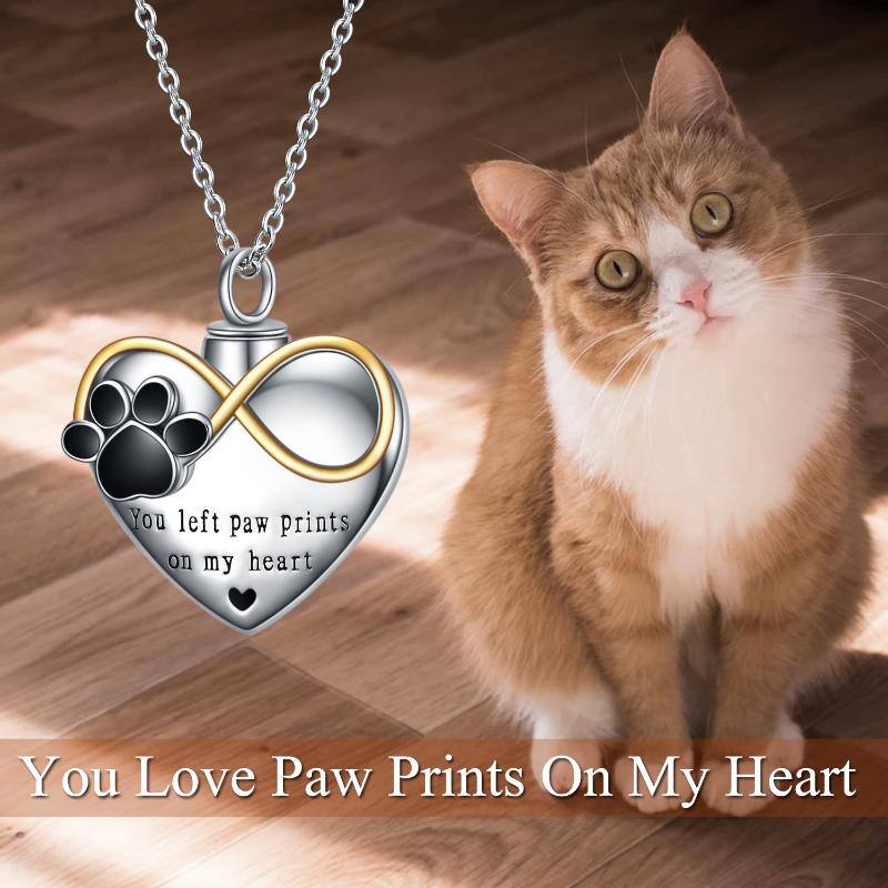 Sterling Silver Two-Tone Paw With Infinity Symbol Heart Urn Necklace For Ashes With Engraved Word For Women-3