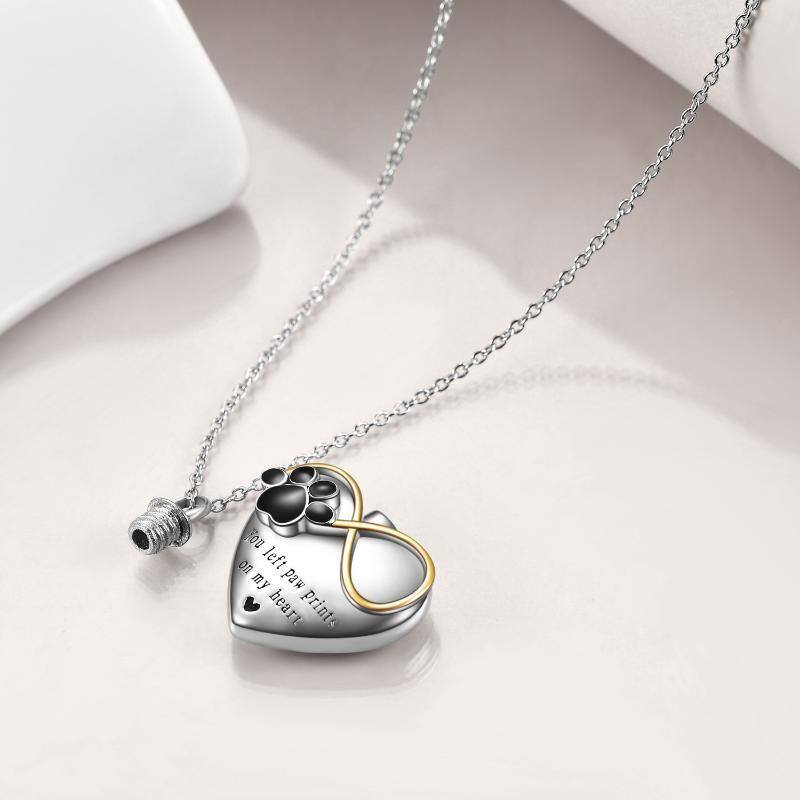 Collar de urna de corazón con símbolo de infinito y pata de dos tonos de plata de ley para cenizas con palabra grabada para mujer-4