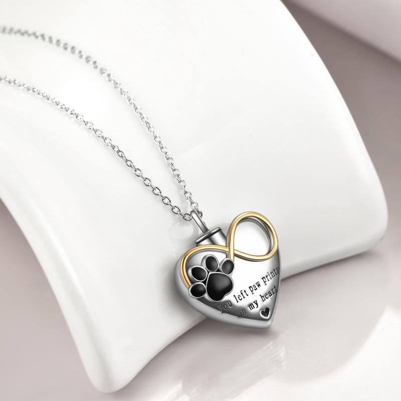 Collar de urna de corazón con símbolo de infinito y pata de dos tonos de plata de ley para cenizas con palabra grabada para mujer-5