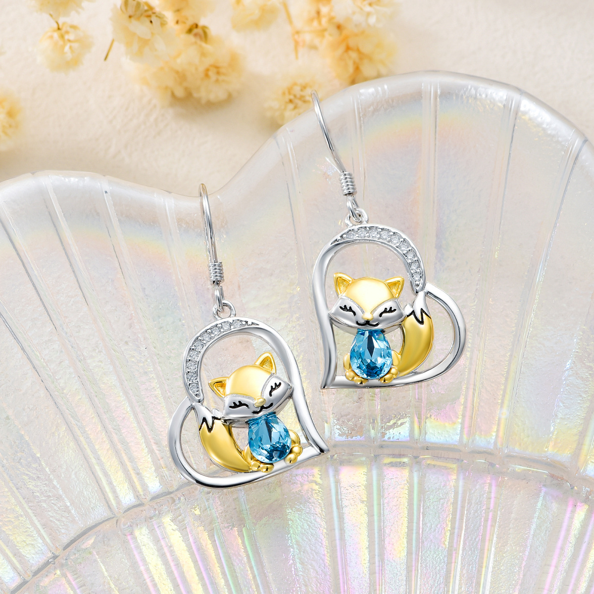 Pendientes colgantes con forma de corazón de zorro de cristal en forma de pera de plata de ley en dos tonos-3