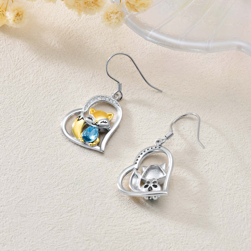 Sterling Silver Two-tone Pear Shaped Crystal Fox & Heart Drop Earrings-4