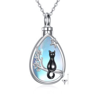 Sterling Silver Two-tone Pear Shaped Moonstone Cat & Drop Shape Urn Necklace for Ashes-23