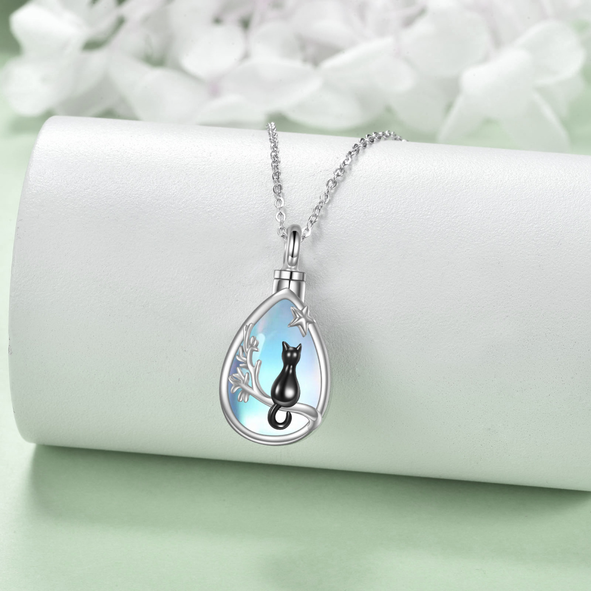 Sterling Silver Two-tone Pear Shaped Moonstone Cat & Drop Shape Urn Necklace for Ashes-3