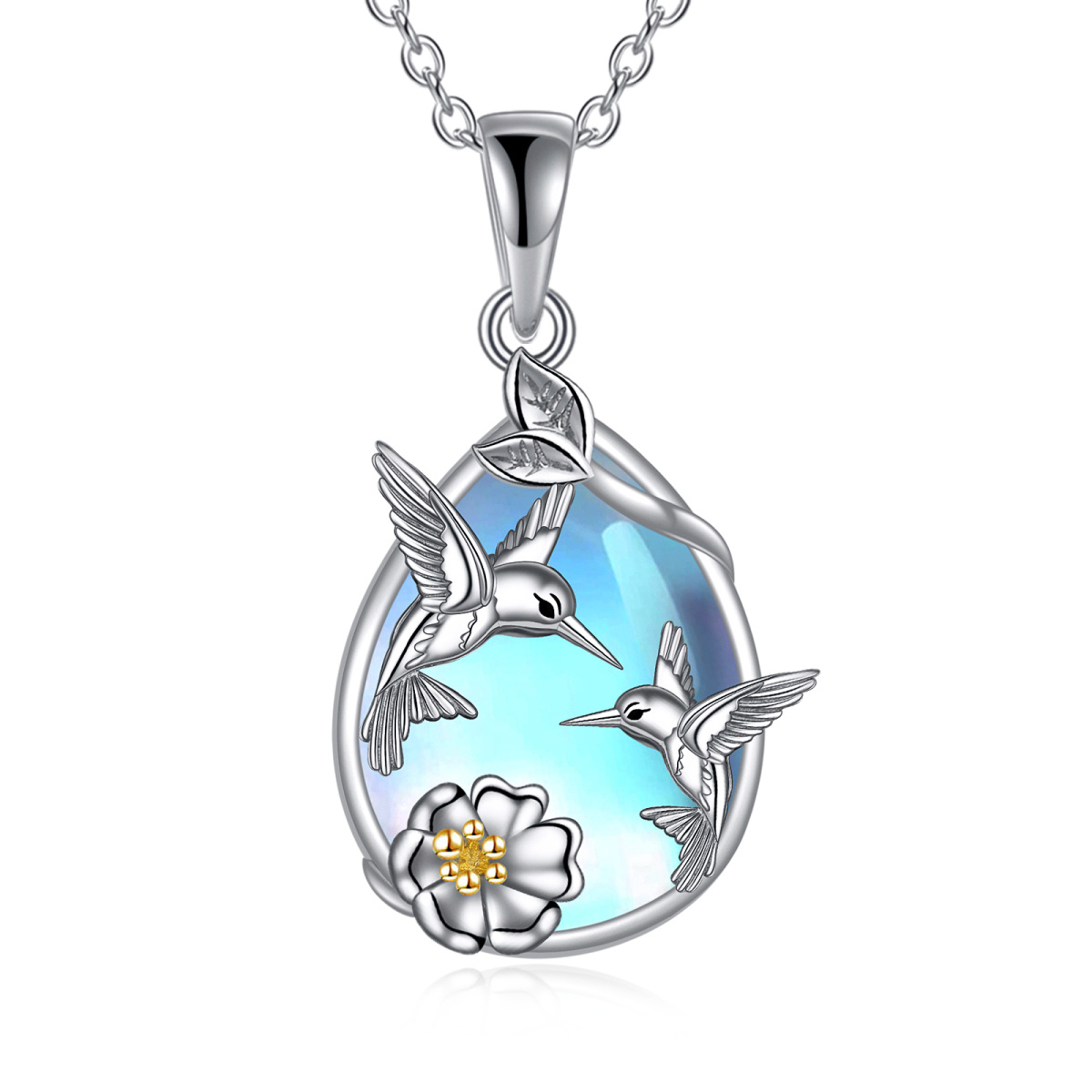 Sterling Silver Two-tone Pear Shaped Moonstone & Crystal Hummingbird Pendant Necklace-1