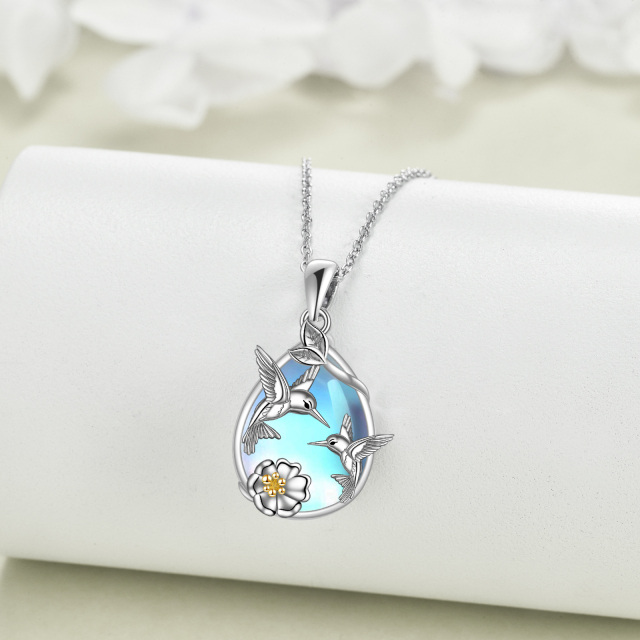 Sterling Silver Two-tone Pear Shaped Moonstone & Crystal Hummingbird Pendant Necklace-4