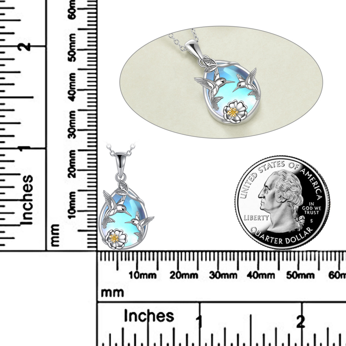 Collier pendentif colibri en argent sterling bicolore en forme de poire en pierre de lune et cristal-5