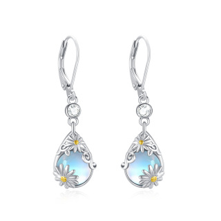 Sterling Silver Two-tone Pear Shaped Moonstone Daisy Lever-back Earrings-33