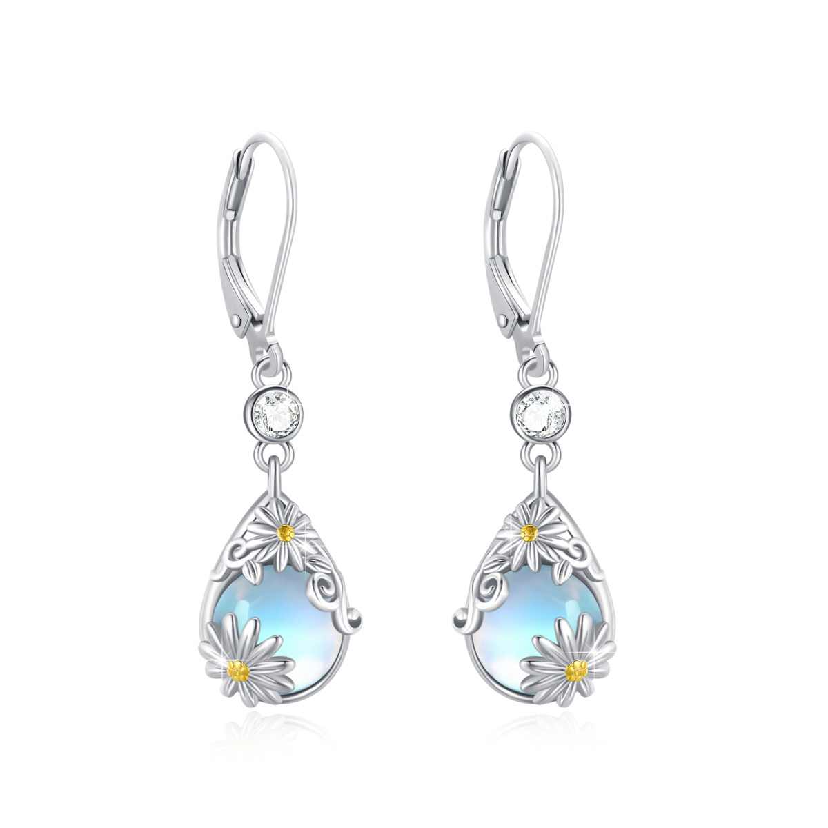 Sterling Silver Two-tone Pear Shaped Moonstone Daisy Lever-back Earrings