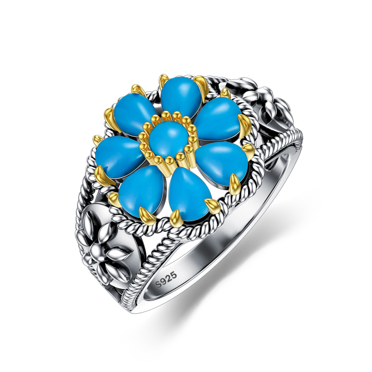 Bague en argent sterling à marguerite en forme de poire et turquoise bicolore-1