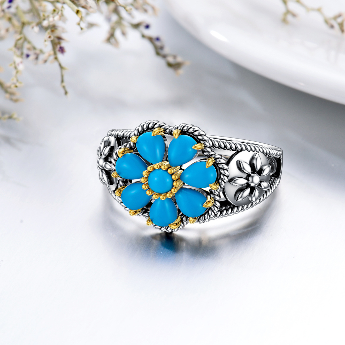 Bague en argent sterling à marguerite en forme de poire et turquoise bicolore-3