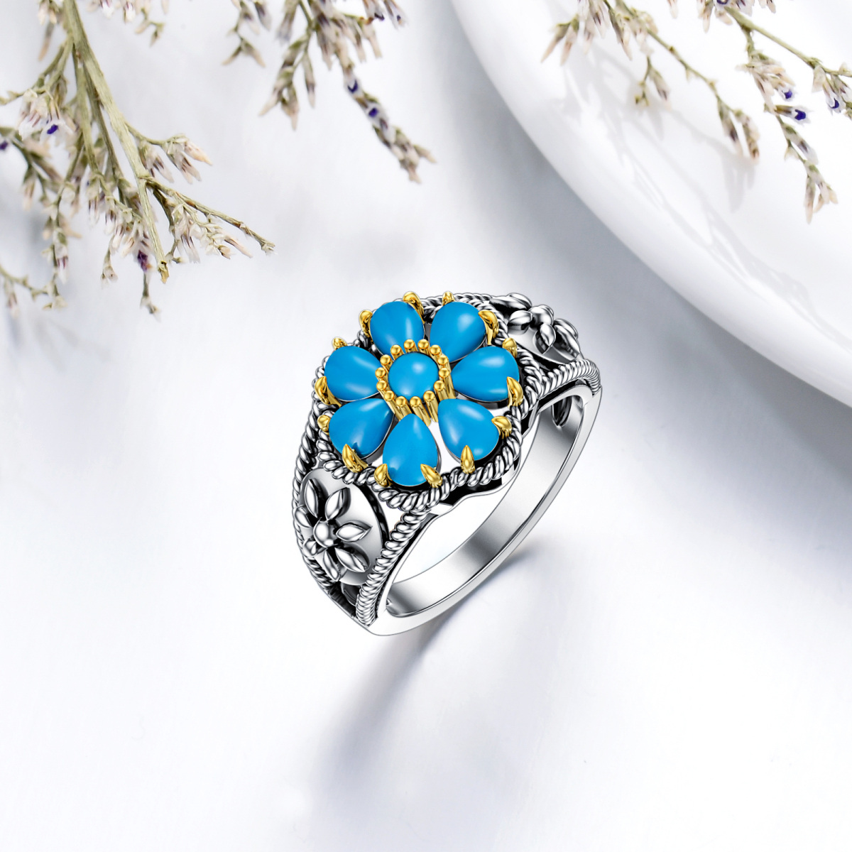 Bague en argent sterling à marguerite en forme de poire et turquoise bicolore-4