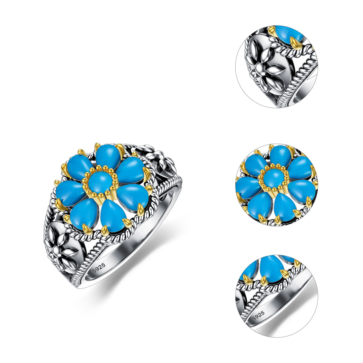 Bague en argent sterling à marguerite en forme de poire et turquoise bicolore-5