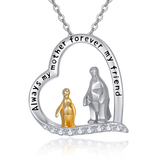 Sterling Silver Two-tone Cubic Zirconia Penguin Heart Pendant Necklace with Engraved Word